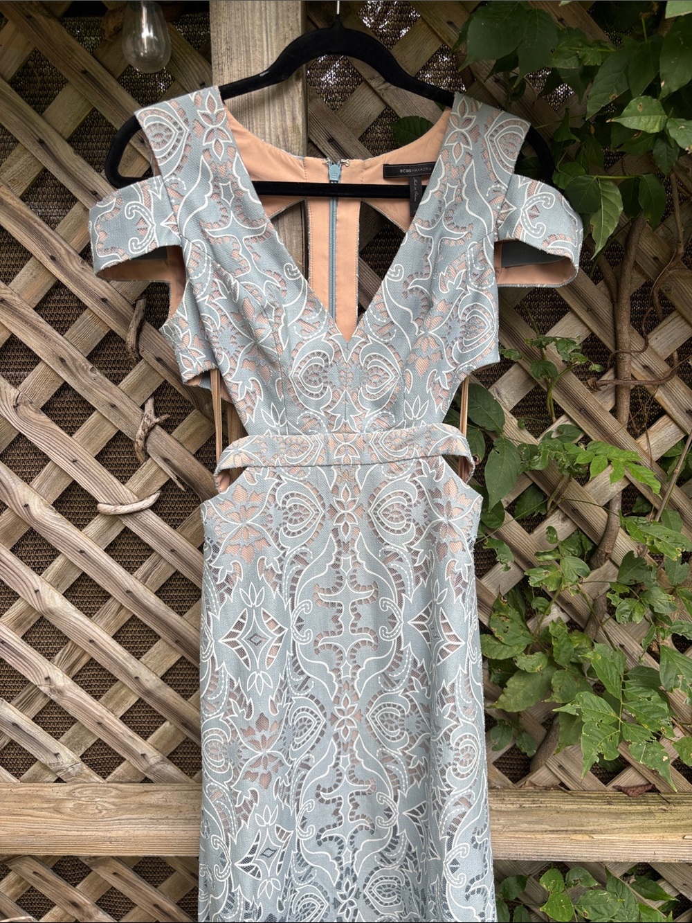 BCBGMaxAzria One-Shoulder Lace Dress in Light Blue and nude
